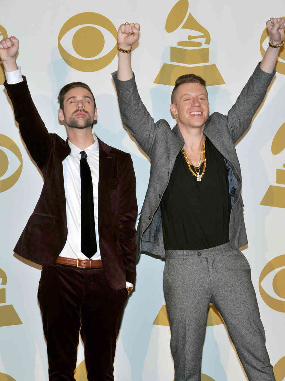 Ryan Lewis, left, and Macklemore pose backstage at the Grammy Nominations Concert Live! on Friday, Dec. 6, 2013, at the Nokia Theatre L.A. Live in Los Angeles. Ryan Lewis, left, and Macklemore pose backstage at the Grammy Nominations Concert Live! on Friday, Dec. 6, 2013, at the Nokia Theatre L.A. Live in Los Angeles.