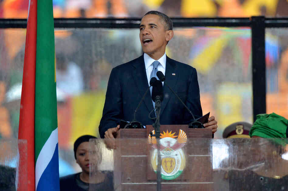 President Obama delivers a speech Tuesday during the memorial service for late South African President Nelson Mandela in Johannesburg. President Obama delivers a speech Tuesday during the memorial service for late South African President Nelson Mandela in Johannesburg.