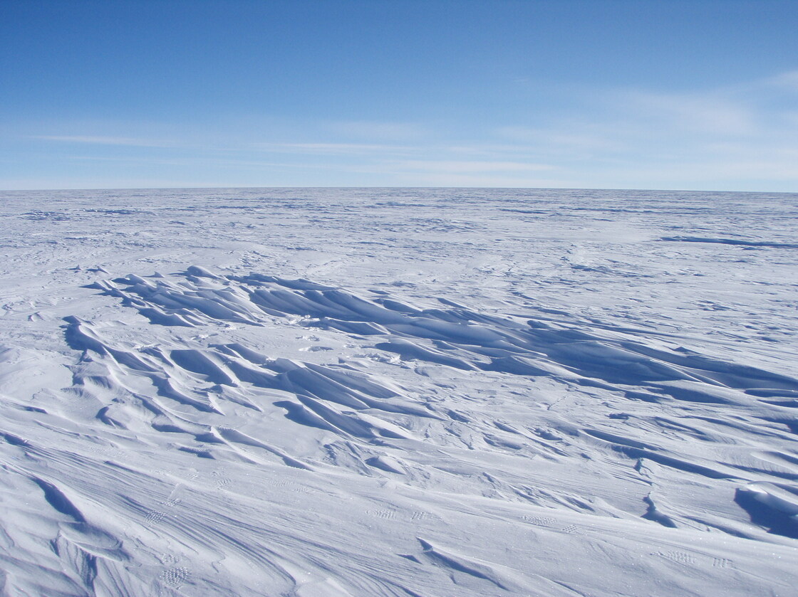Sastrugi stick out from the snow surface in this photo near Plateau Station in East Antarctica. Most of Antartica looks quite flat, despite the subtle domes, hills, and hollows.