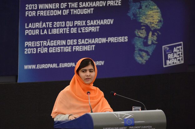Pakistani activist Malala Yousafzai delivers a speech after receiving the Sakharov Prize for Freedom at the European Parliament in Strasbourg, France, on Nov. 20. (Image credit: EPA /Landov)