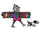 Illustration: A woman walks down the street with an armful of books.