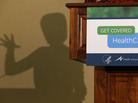 Health and Human Services Secretary Kathleen Sebelius' shadow appeared behind the lectern as she about the implementation of the federal health law in Detroit in November. Health and Human Services Secretary Kathleen Sebelius' shadow appeared behind the lectern as she about the implementation of the federal health law in Detroit in November.