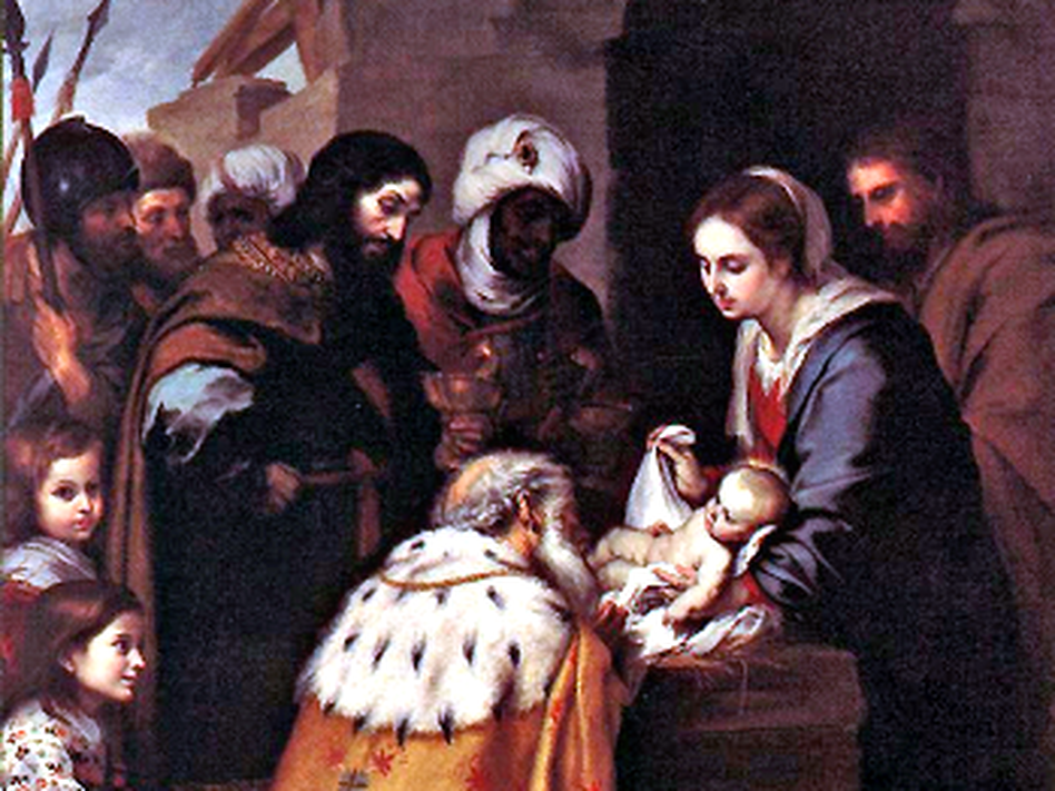 It became an artistic convention during the Middle Ages to depict Balthazar, one of the fabled Magi who come to greet the newborn Christ, as a dark-skinned man. This painting, Adoration of the Magi, is by Bartolome Esteban Murillo. It became an artistic convention during the Middle Ages to depict Balthazar, one of the fabled Magi who come to greet the newborn Christ, as a dark-skinned man. This painting, Adoration of the Magi, is by Bartolome Esteban Murillo.
