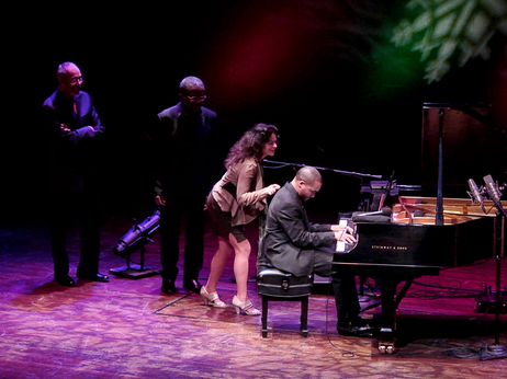 Left to right: Stanley Cowell, Andy Bey, Michele Rosewoman and Sullivan Fortner team up on "Jingle Bells" during A Jazz Piano Christmas. Left to right: Stanley Cowell, Andy Bey, Michele Rosewoman and Sullivan Fortner team up on "Jingle Bells" during A Jazz Piano Christmas.