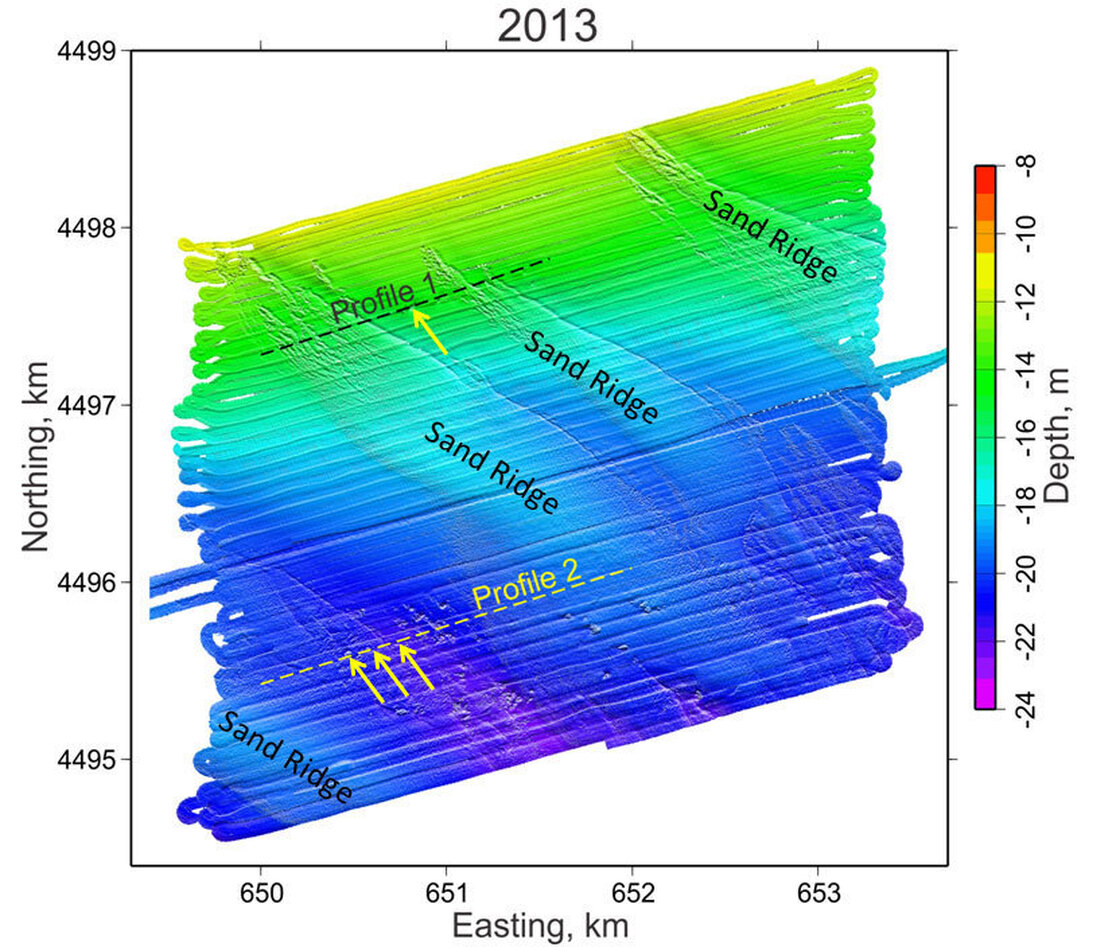 Underwater sand ridges, seen here in this radar data from earlier this year, served to "cushion" the blow of the storm, researchers say.