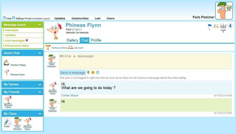 A screen grab of Nipagesh's chat feature. When a school joins the network, its entire student body, along with parents and teachers, are signed up at once. Children can flag posts that make them uncomfortable. A screen grab of Nipagesh's chat feature. When a school joins the network, its entire student body, along with parents and teachers, are signed up at once. Children can flag posts that make them uncomfortable.