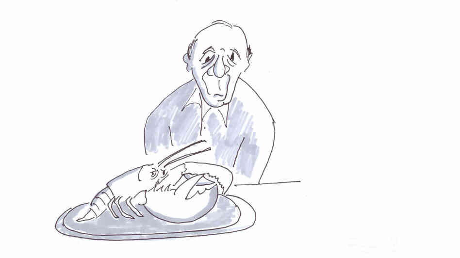 Old man faces old lobster â on his dinner plate. Old man faces old lobster â on his dinner plate.