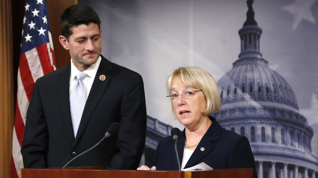 Senate Budget Committee Chairman Patty Murray, D-Wash., and House Budget Committee Chairman Paul Ryan, R-Wis., unveil a budget deal Dec. 10 in Washington. (Image credit: Reuters/Landov)