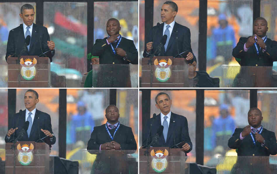 President Barack Obama speaks at Nelson Mandela's memorial service in Johannesburg. Standing to his right, Thamsanqa Jantjie gestures as if he is interpreting the speech for the deaf community. President Barack Obama speaks at Nelson Mandela's memorial service in Johannesburg. Standing to his right, Thamsanqa Jantjie gestures as if he is interpreting the speech for the deaf community.