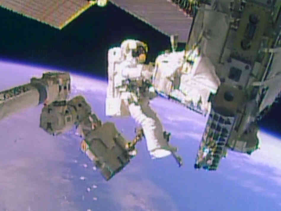 A NASA television image from Tuesday's spacewalk to replace a coolant pump on the International Space Station. A NASA television image from Tuesday's spacewalk to replace a coolant pump on the International Space Station.