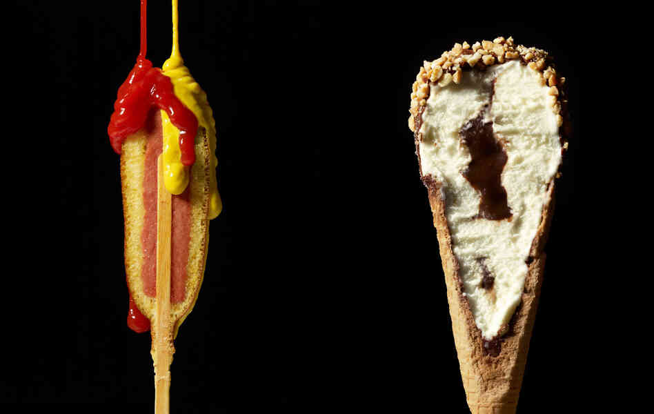 A hotdog and ice cream cone from Beth Galton and Charlotte Omnes' "Cut Food" series. A hotdog and ice cream cone from Beth Galton and Charlotte Omnes' "Cut Food" series.