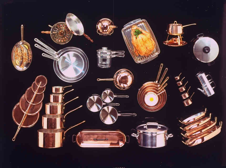 An array of pots and pans used for cooking, 1968