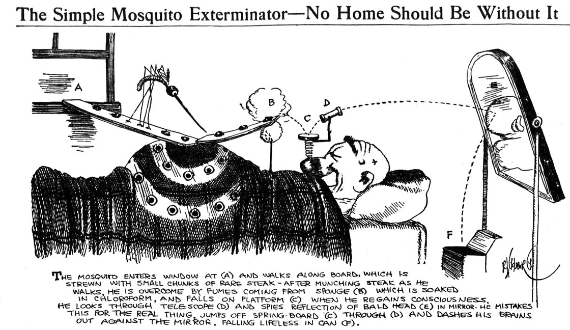 From 1912, this is the first of Goldberg's invention cartoons. Initially, he created only about a dozen such drawings over several years — until they caught on and he realized he had a hit on his hands. From 1912, this is the first of Goldberg's invention cartoons. Initially, he created only about a dozen such drawings over several years — until they caught on and he realized he had a hit on his hands.