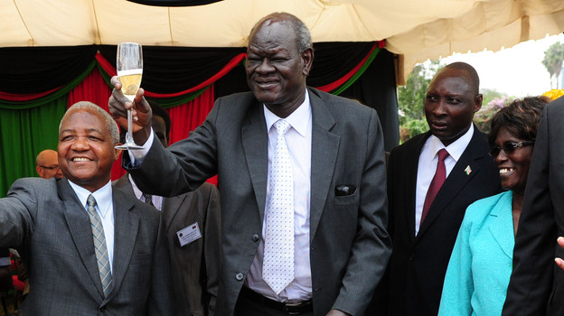 South Sudan's then-Minister of Higher Education, Science and Technology Peter Adwok Nyaba (center) celebrates the first anniversary of the country's independence in Nairobi, capital of Kenya, on July 9, 2012. Since then, all of South Sudan's Cabinet ministers have been sacked — including Adwok — for allegedly conspiring to overthrow President Salva Kiir. (Image credit: Xinhua /Landov)