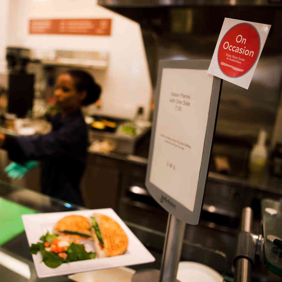 Stop! Do you really want that Italian panini? At NPR's cafeteria, high-fat foods are tagged with a red circle, reminding employees to think twice before indulging in these dishes. Stop! Do you really want that Italian panini? At NPR's cafeteria, high-fat foods are tagged with a red circle, reminding employees to think twice before indulging in these dishes.