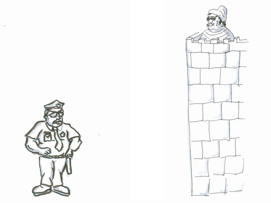 A cop standing outside a crook's fortress. A cop standing outside a crook's fortress.
