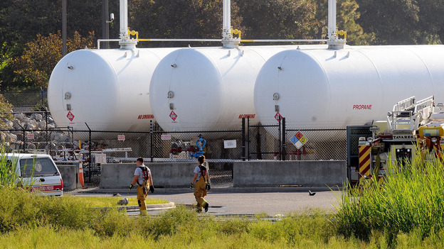 Propane cylinders sit on the grounds of Blue Rhino, a propane gas company, in Tavares, Fla. In the Midwest, farmers needed more propane for crops that came in later than normal. (Image credit: Getty Images)
