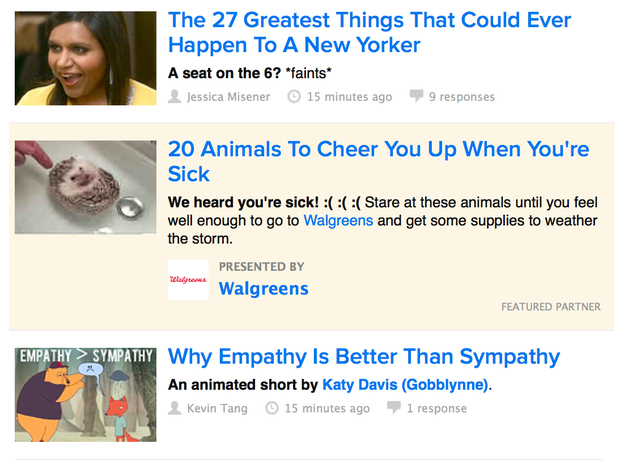 Buzzfeed is among a growing number of outlets using native advertising online. The ads mimic the site's look and style, and some link to pages almost indiscernible from a typical Buzzfeed page. (Image credit: screengrab/Buzzfeed.com)