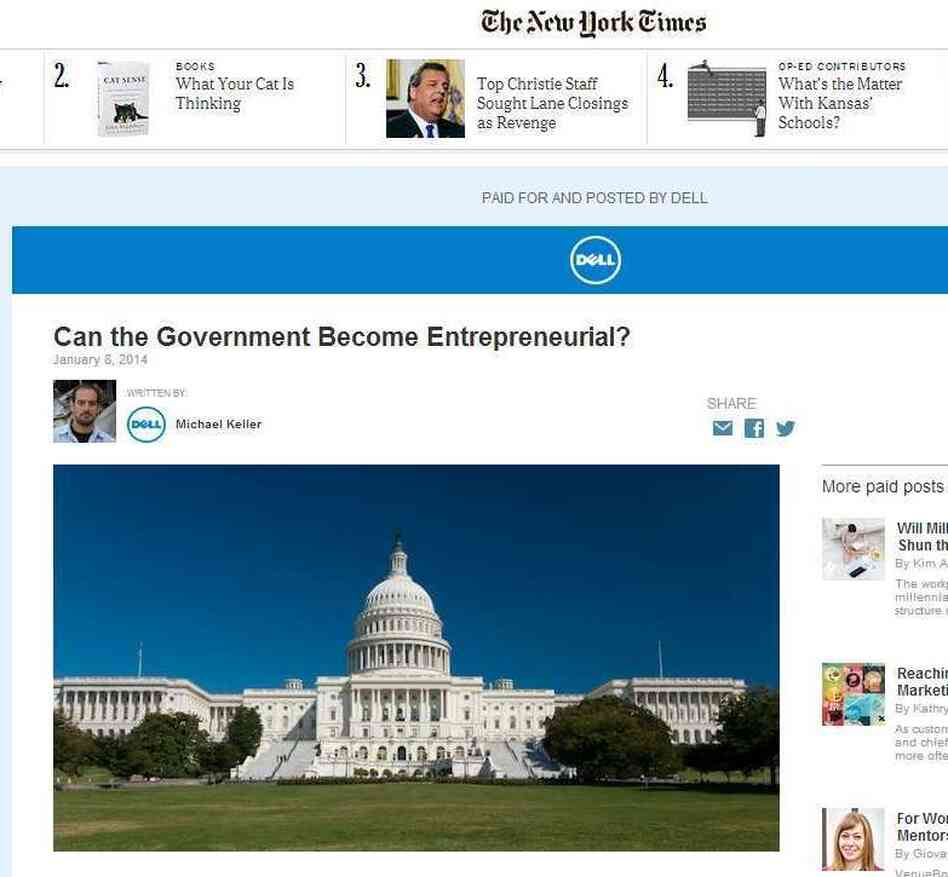 New paid content on The New York Times site runs in a similar font as the paper's editorial material, but includes a banner indicating that it's paid for by a corporate sponsor. New paid content on The New York Times site runs in a similar font as the paper's editorial material, but includes a banner indicating that it's paid for by a corporate sponsor.