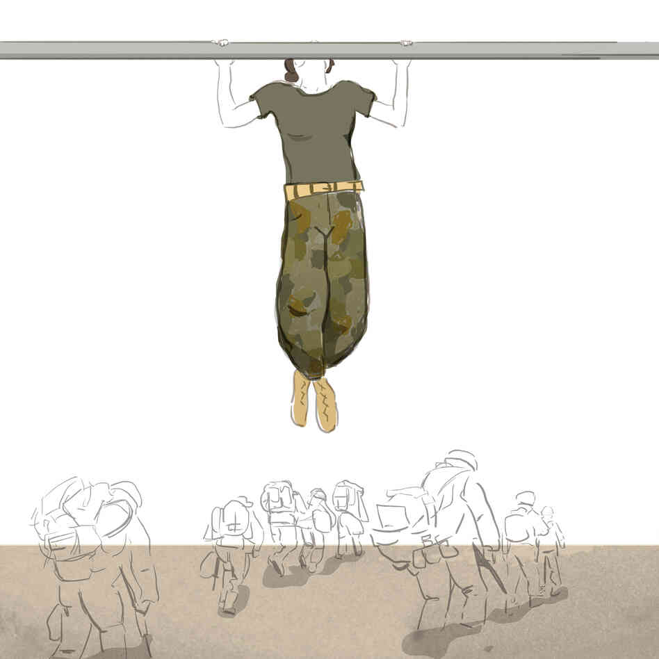Maria Fabrizio created this image on the morning of Dec. 27, after hearing Tom Bowman's Morning Edition story about how most female Marine Corps recruits aren't able to meet a new pullup standard. Maria Fabrizio created this image on the morning of Dec. 27, after hearing Tom Bowman's Morning Edition story about how most female Marine Corps recruits aren't able to meet a new pullup standard.