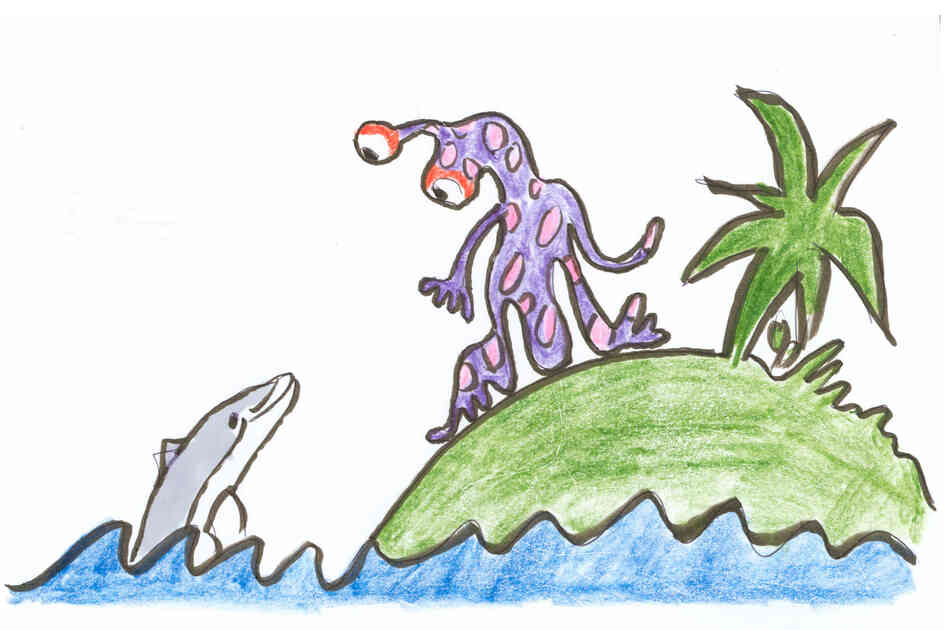 A visitor from Zantar and a dolphin check each other out. A visitor from Zantar and a dolphin check each other out.