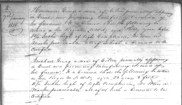 'Michael Goings, a man of colour personally appearing in Court and producing satisfactory evidence of his freedom. It is ordered that the following be entered as his Register. To wit, aged 23 years 5 feet 11 1/2 inches high of light complexion. No scars no marks perceivable all of which is ordered to be certified.' (Image credit: Courtesy of Robert Goins)