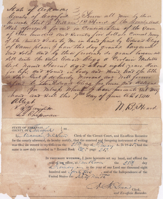 'I have this day granted bargained and sold and by these present do grant bargain and sell unto the said Edward Glegg a Certain Mulatto Girl named Harriet aged about eight years. Slave for life, and sound in body and mind, and the title to said Girl I do hereby warrant and will forever defend.' (Image credit: Courtesy of Todd Perry)