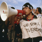 A Chinese student at the 1989 Tiananmen Square protests, where speakers playing Beethoven's Ninth Symphony were rigged up to drown out government broadcasts. A Chinese student at the 1989 Tiananmen Square protests, where speakers playing Beethoven's Ninth Symphony were rigged up to drown out government broadcasts.