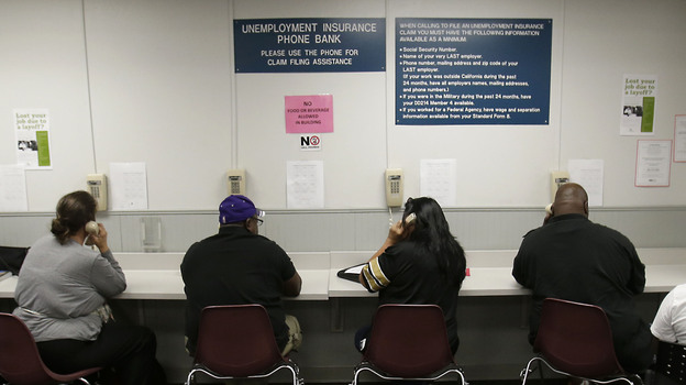The lines were busy last September at an unemployment insurance phone bank operated by the California Employment Development Department in Sacramento. (AP)