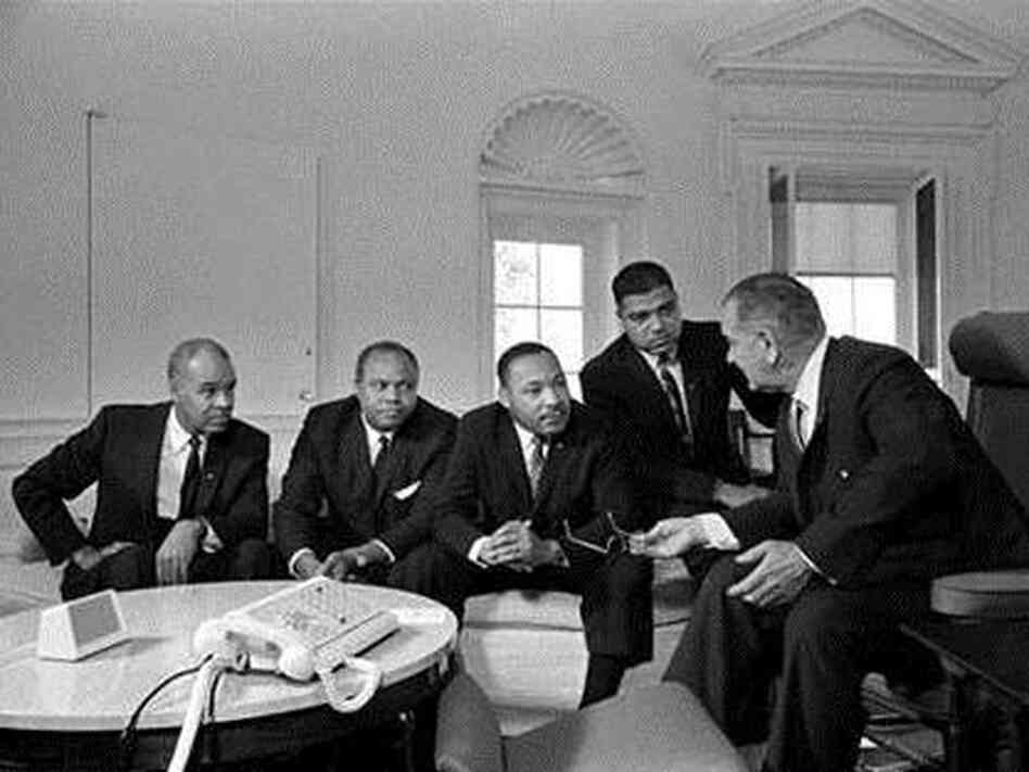 Martin Luther King, Jr. (center), with Roy Wilkins, James Farmer, and Whitney Young, met with President Lyndon B. Johnson in the Oval Office on Jan. 18, 1964. Martin Luther King, Jr. (center), with Roy Wilkins, James Farmer, and Whitney Young, met with President Lyndon B. Johnson in the Oval Office on Jan. 18, 1964.