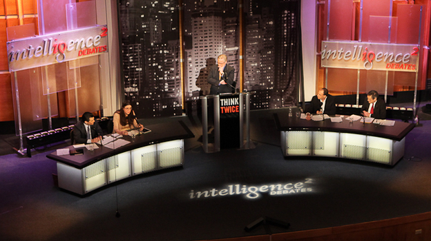 Dr. Scott Gottlieb and Megan McArdle face off against Jonathan Chait and Dr. Douglas Kamerow over the Affordable Care Act in a debate moderated by John Donvan in January. (Image credit: Intelligence Squared US)