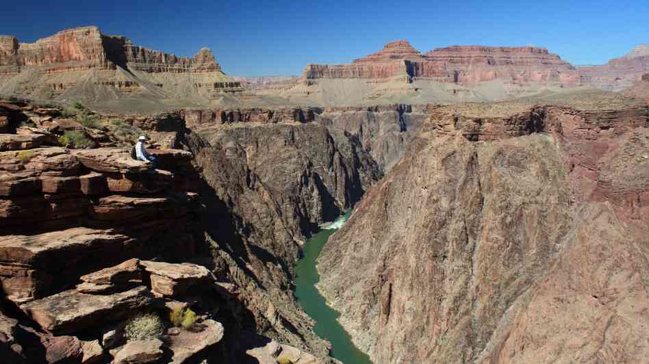 The eastern Grand Canyon was about half-carved (to the level of the red cliffs above the hiker) from 15 million to 25 million years ago, an analysis published Sunday suggests. But the inner gorge was likely scooped out by the Colorado River in just the past 6 million years. The eastern Grand Canyon was about half-carved (to the level of the red cliffs above the hiker) from 15 million to 25 million years ago, an analysis published Sunday suggests. But the inner gorge was likely scooped out by the Colorado River in just the past 6 million years.