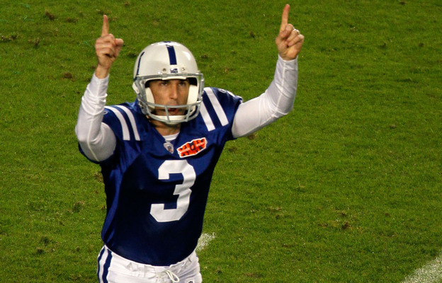 Kicker Matt Stover, then an Indianapolis Colt, celebrates after nailing a field goal against the New Orleans Saints during Super Bowl XLIV in 2010. (Image credit: Getty Images)
