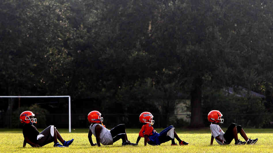 Members of the Jr. Peewee Gators do a drill during an early-season practice for Pop Warner football on Wednesday, August 7, 2013 in Gainesville, Fla. Members of the Jr. Peewee Gators do a drill during an early-season practice for Pop Warner football on Wednesday, August 7, 2013 in Gainesville, Fla.