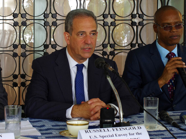 Russ Feingold (center), U.S. special envoy for the Great Lakes and the Democratic Republic of the Congo, gives a press conference in Kinshasa on the last day of his fact-finding trip to the DRC, on Jan. 28. (Image credit: AFP/Getty Images)