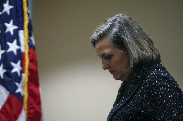 U.S. Assistant Secretary of State Victoria Nuland leaves a news conference at the U.S. Embassy in Kiev on Friday. A phone call of hers about Ukraine was leaked on the Internet. (Image credit: Reuters/Landov)