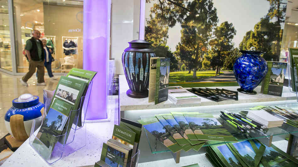 Forest Lawn funeral services has a kiosk at the Glendale Galleria mall in Glendale, Calif., to reach potential customers who may not want to visit a funeral home. Forest Lawn funeral services has a kiosk at the Glendale Galleria mall in Glendale, Calif., to reach potential customers who may not want to visit a funeral home.
