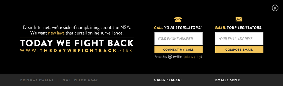 Thousands of websites participating in the "Day We Fight Back" will show this banner, or something similar, to site visitors. Thousands of websites participating in the "Day We Fight Back" will show this banner, or something similar, to site visitors.
