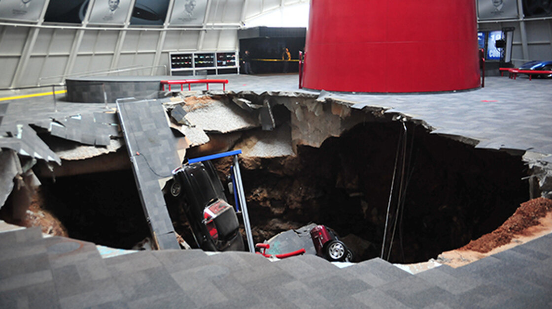 Down Went The Vettes: When a sinkhole opened up Wednesday at the National Corvette Museum in Bowling Green, Ky., eight of Chevrolet's iconic muscle cars were sucked in.