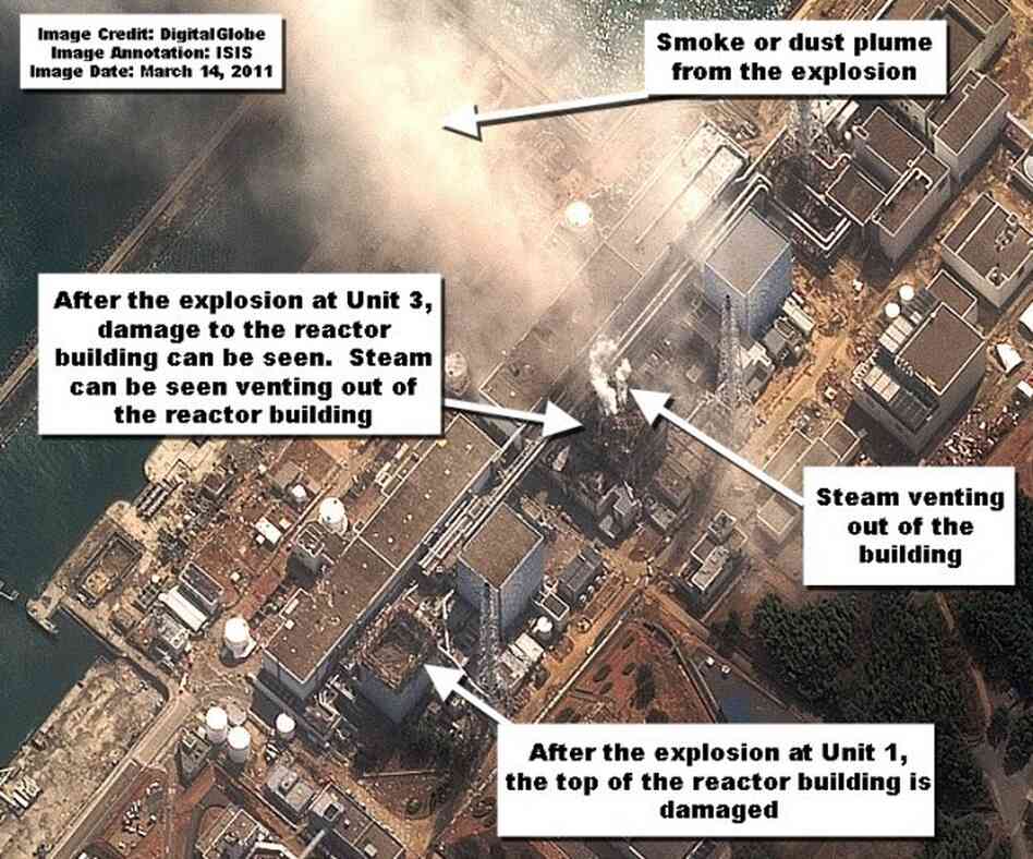 The Institute for Science and International Security used satellite images to show the damage to the Japanese nuclear reactors in Fukushima, as seen three minutes after an explosion, and released three days after the tsunami hit in March 2011. The Institute for Science and International Security used satellite images to show the damage to the Japanese nuclear reactors in Fukushima, as seen three minutes after an explosion, and released three days after the tsunami hit in March 2011.