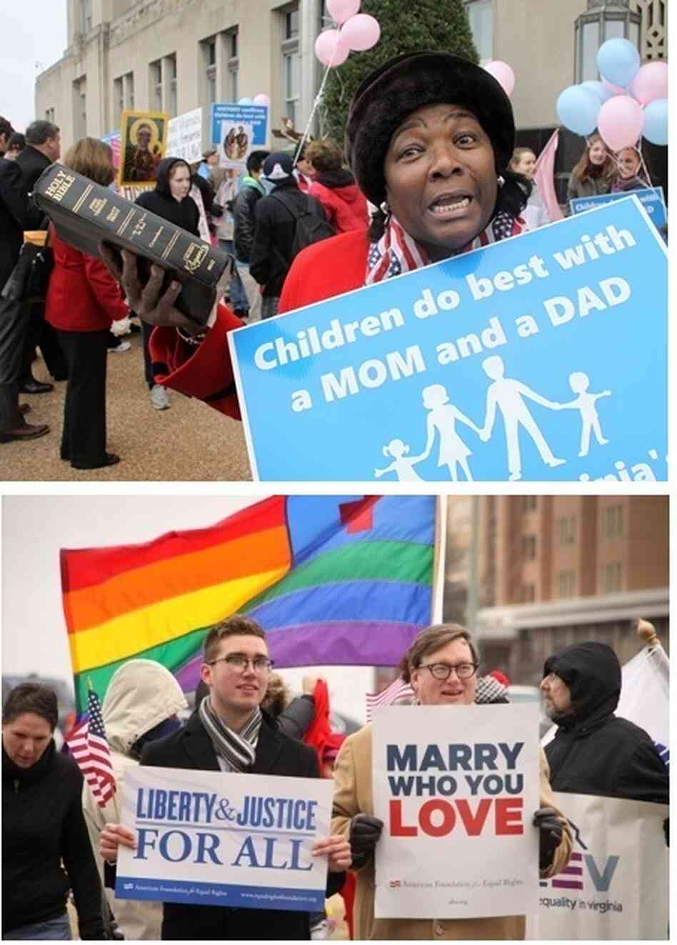 Supporters of same-sex marriage and opponents were out when the challenge to Virginia's law was heard in a Norfolk federal court earlier this month. Supporters of same-sex marriage and opponents were out when the challenge to Virginia's law was heard in a Norfolk federal court earlier this month.