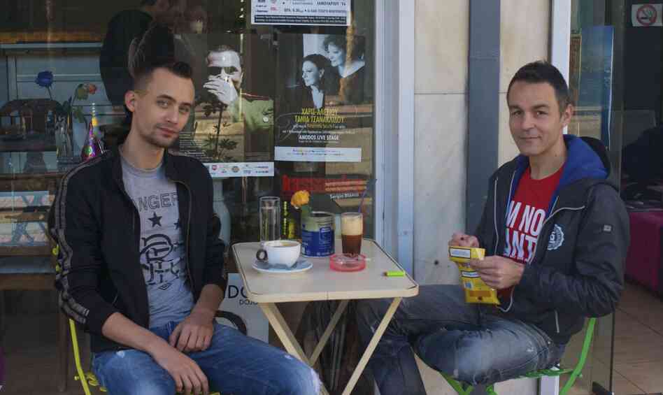 "In Greece a man must always be straight," says Petros Sapountzakis (right), a teacher who was attacked by ultranationalists after leaving a theater in 2012. He and his boyfriend, Alex Kantirov, have been together for five years. "In Greece a man must always be straight," says Petros Sapountzakis (right), a teacher who was attacked by ultranationalists after leaving a theater in 2012. He and his boyfriend, Alex Kantirov, have been together for five years.