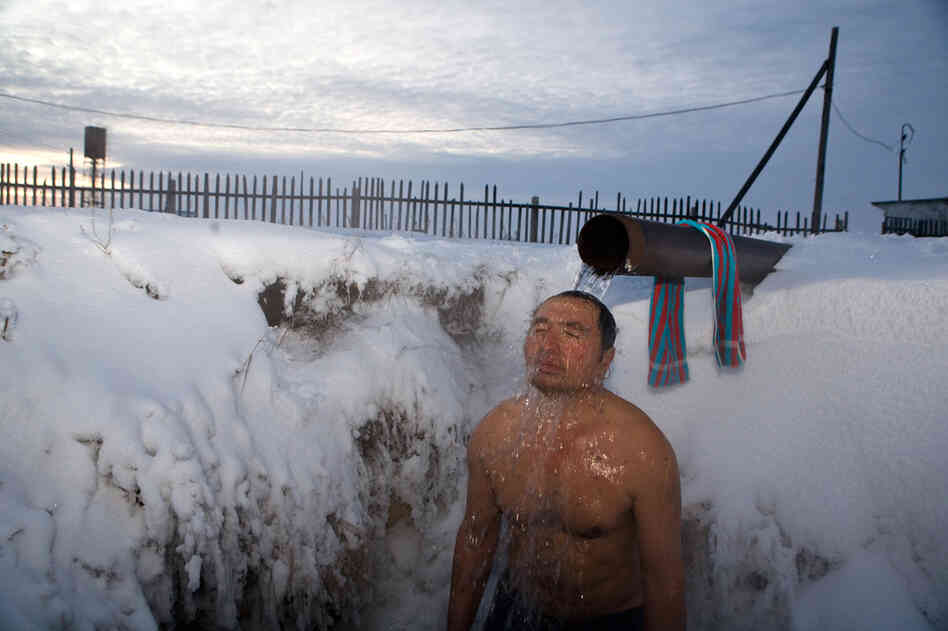 Meyram Moldakimov takes care of a water pump facility in a village near Novosibirsk and washes under this pipe twice a week, no matter what the weather. Meyram Moldakimov takes care of a water pump facility in a village near Novosibirsk and washes under this pipe twice a week, no matter what the weather.