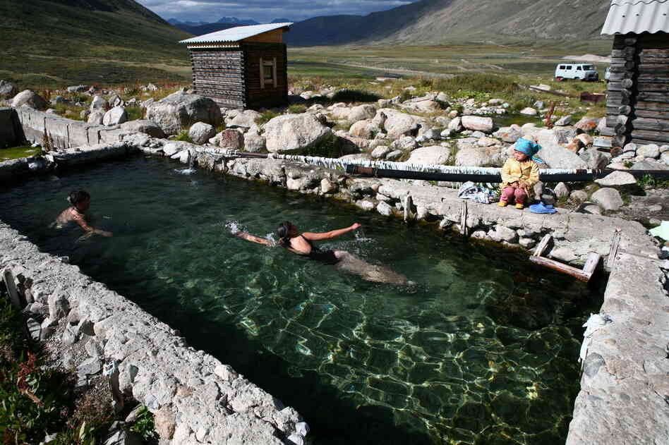 Swimmers enjoy a thermal spring with water that contains radon, a radioactive element. The locals revere the spring near the Mongolian border in Altai for its healing powers. Swimmers enjoy a thermal spring with water that contains radon, a radioactive element. The locals revere the spring near the Mongolian border in Altai for its healing powers.