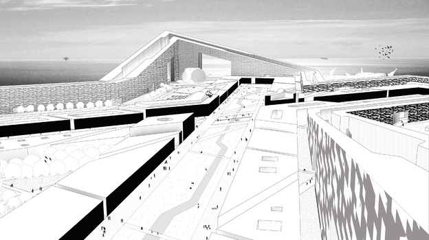 View of central crossing of the central hub island, one of dozens of man-made islands envisioned by Rice University architecture students. The islands would serve as a floating city for oil workers off the coast of Brazil. (Image credit: Rice School of Architecture)