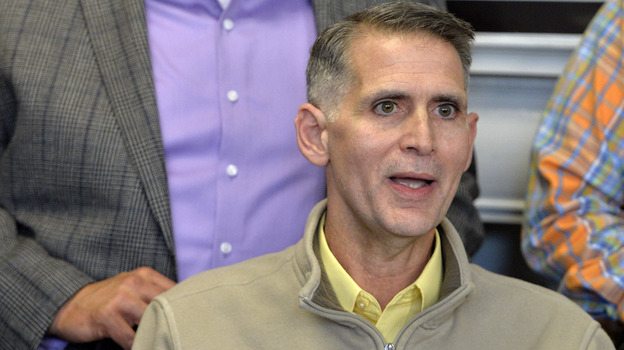 Greg Bourke, front, and his partner Michael Deleon speak to reporters following the announcement from U.S. District Judge John G. Heyburn striking down part of Kentucky's same-sex marriage ban. (AP)