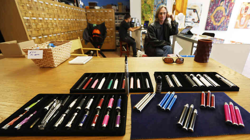 Electronic cigarettes for sale in Vapeology LA, a store in Los Angeles, are tended by owner John Hartigan. Electronic cigarettes for sale in Vapeology LA, a store in Los Angeles, are tended by owner John Hartigan.