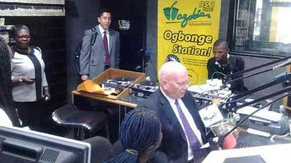 James F. Entwistle, the U.S. ambassador to Nigeria, speaks pidgin English during an interview with Wazobia FM in Nigeria. James F. Entwistle, the U.S. ambassador to Nigeria, speaks pidgin English during an interview with Wazobia FM in Nigeria.
