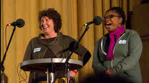 Contestants Karen Sulkis (left) and Jocelyn Draw draw on their mutual love for 1980s pop culture for this Huey Lewis-inspired round.