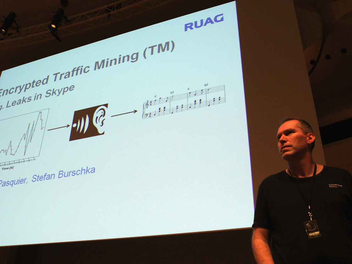 A PowerPoint slide is projected on a screen prior to a lecture at the 28th Chaos Communication Congress computer hacker conference in Berlin.